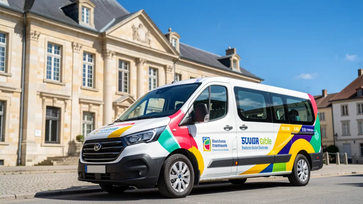 Nouveau minibus de la commune d'Aixe-sur-Vienne orné de ses nouveaux encarts publicitaires.