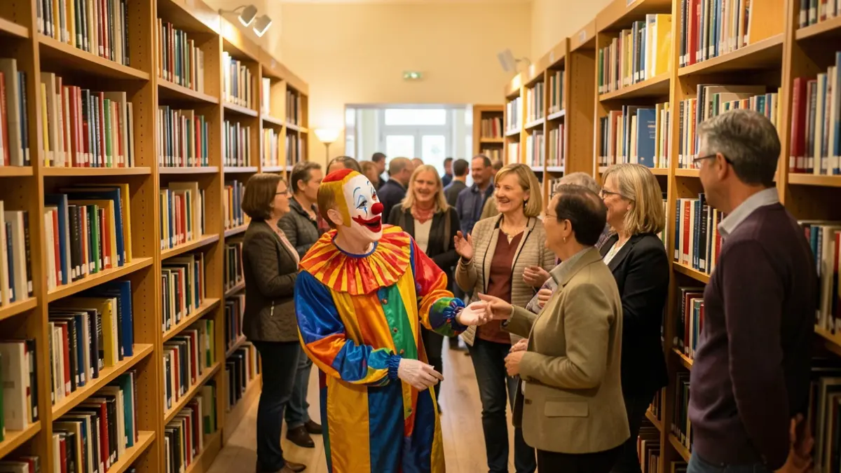 Generic image of a library with a clown entertainer.