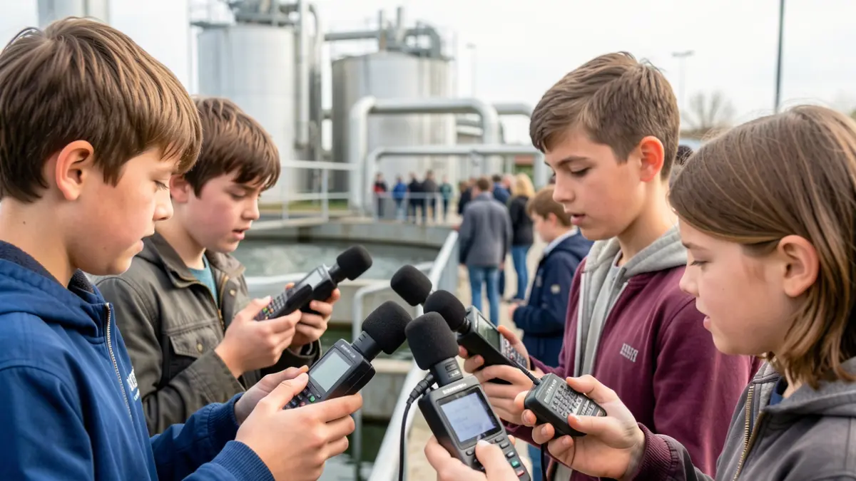 Image générique de jeunes explorant une installation de traitement de l'eau avec du matériel d'enregistrement sonore.