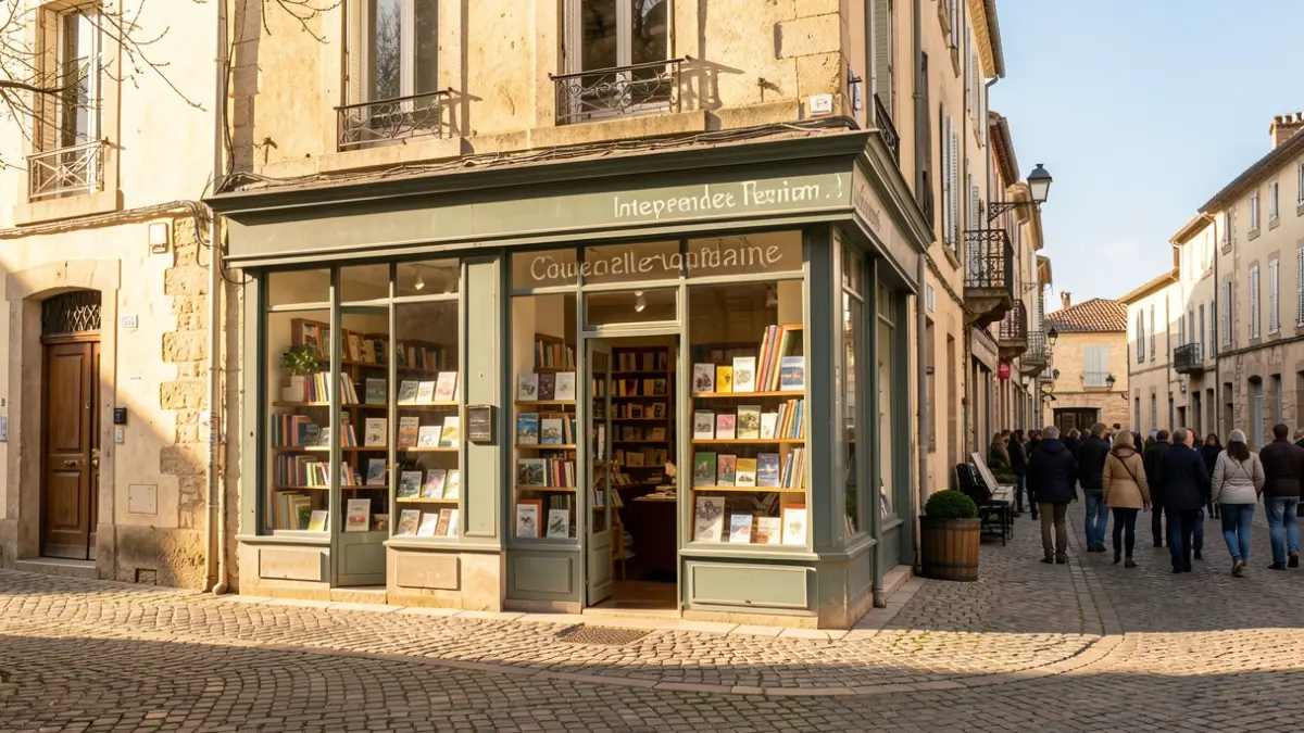 Façade d'une librairie indépendante dans une ville de Nouvelle-Aquitaine.