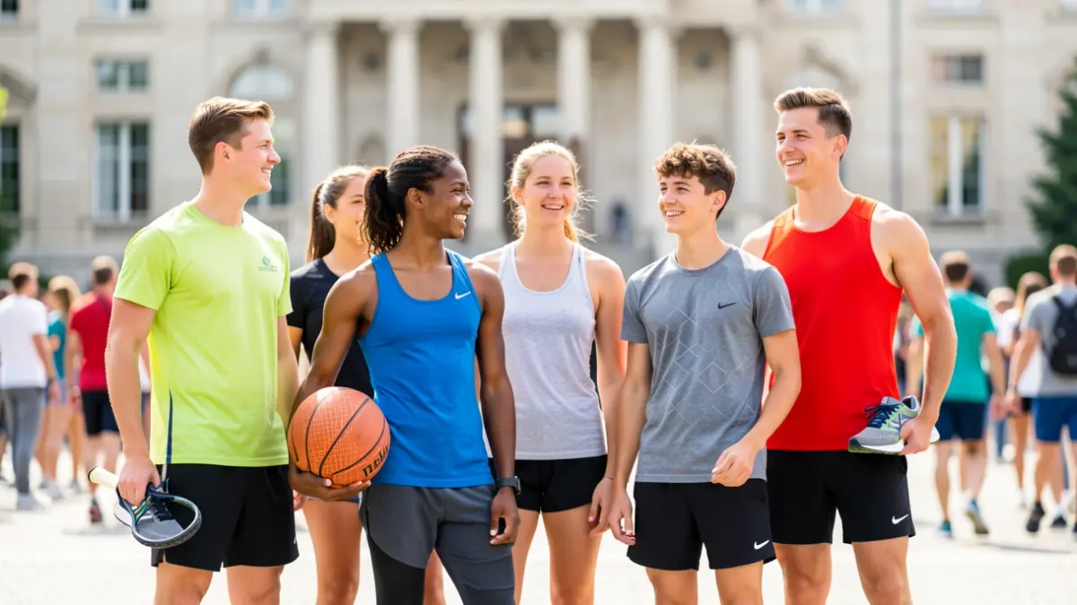 Generic image of diverse young athletes with sports equipment in front of a university building.