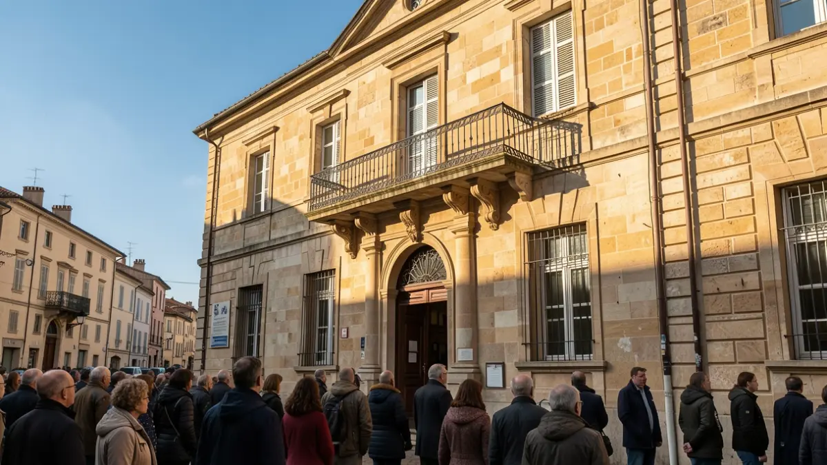 Image générique de la façade d'un hôtel de ville avec balcon et rambardes en fer forgé, soleil d'après-midi chaud projetant des ombres sur les murs en pierre, ciel bleu.