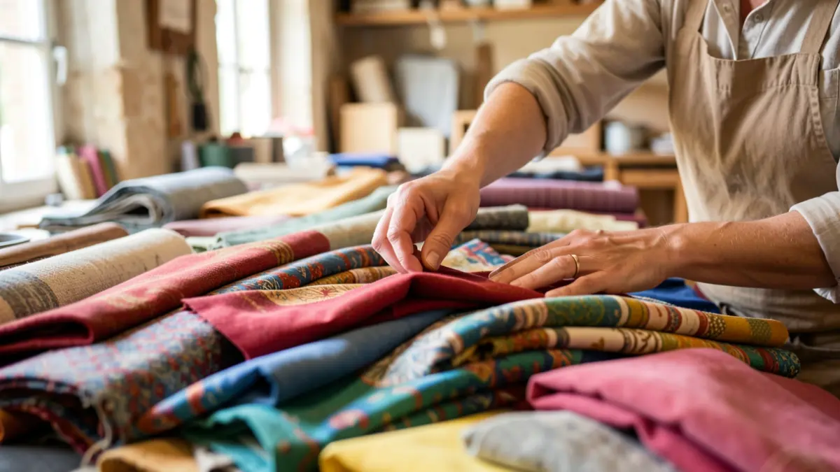 Image générique de mains triant des textiles et du mobilier dans un atelier.