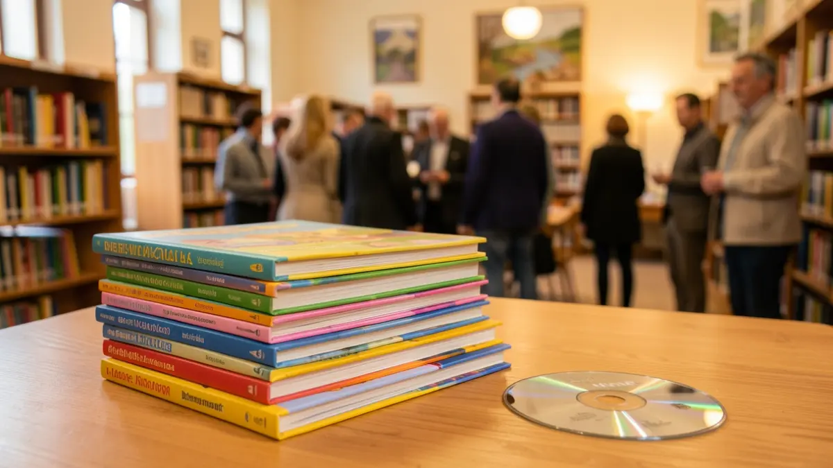 Image générique de livres pour enfants et d'un CD-ROM sur une table en bois.