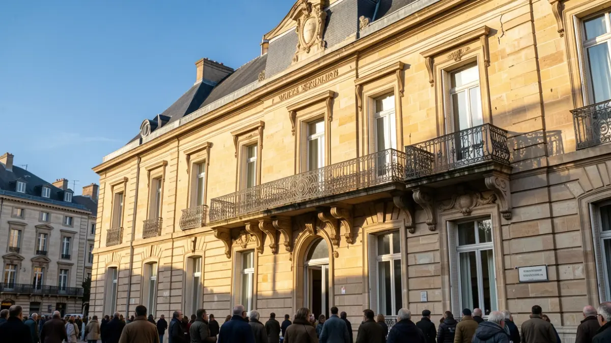 Image générique de la façade en pierre d'un hôtel de ville de Nouvelle-Aquitaine avec balcon orné et balustrade en fer forgé, lumière chaude de l'après-midi projetant des ombres sur les murs en grès, ciel bleu, style photographie documentaire.