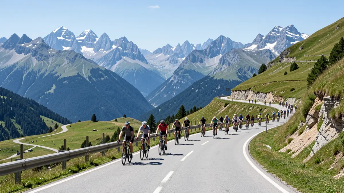 Vue panoramique des Pyrénées centrales avec une route cyclable sinueuse, symbolisant le projet Vélonat.