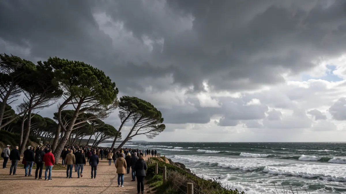 Generic image of storm clouds over a coastal landscape in Nouvelle-Aquitaine, with strong waves on the ocean.