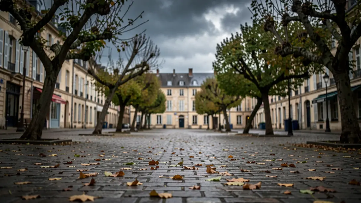 Generic image of strong winds in a French town, with trees bending and leaves scattered on a paved square. Overcast sky.