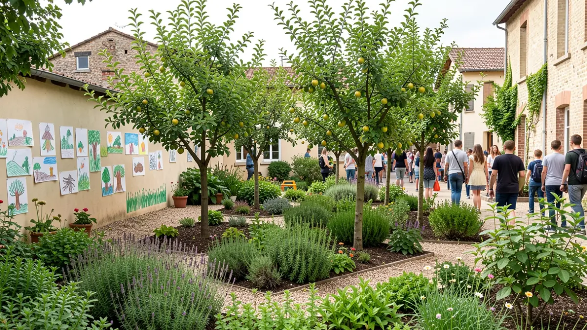 Green schoolyard in Villeneuve la Comtesse with a pedagogical orchard and aromatic plants.