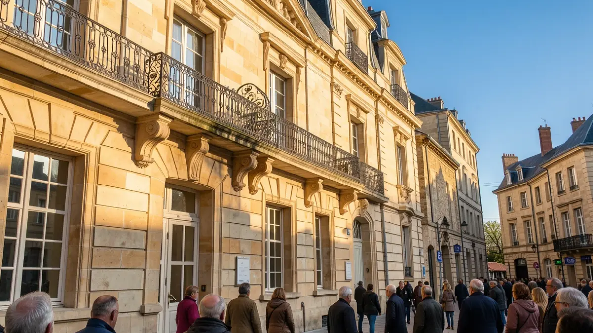 Image générique de la façade d'une mairie en pierre de Nouvelle-Aquitaine avec balcon et balustrade en fer forgé, sous un soleil d'après-midi.
