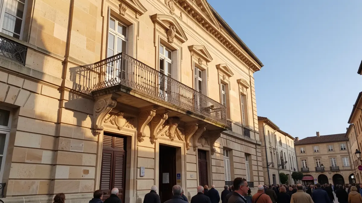 Generic image of a stone town hall facade in Nouvelle-Aquitaine, featuring an ornate balcony and iron railings, illuminated by afternoon sunlight.