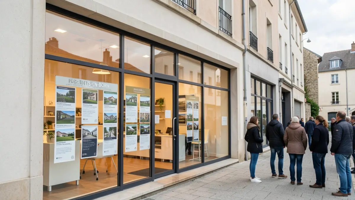 Facade of a modern real estate agency in Parentis-en-Born.