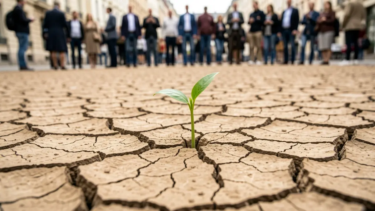 Generic image of cracked earth due to drought with a young green sprout.