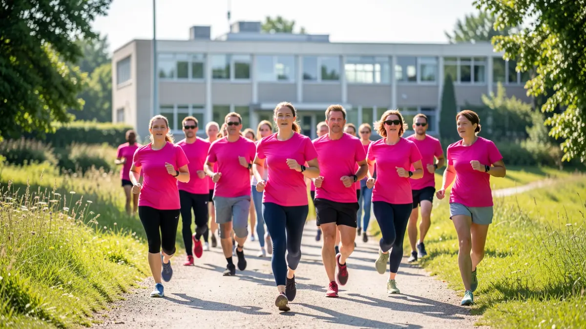 Generic image of people running and walking on a trail, wearing pink t-shirts, with a gymnasium in the background.